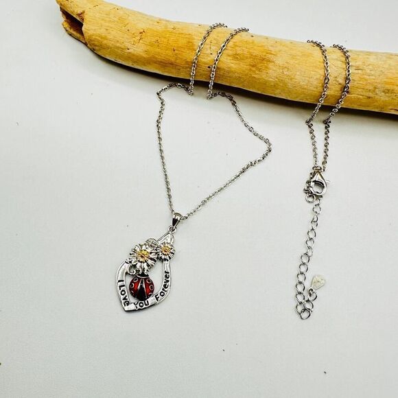 I Love You Forever Ladybug Sunflower Sterling Silver Necklace - Picture 2 of 5